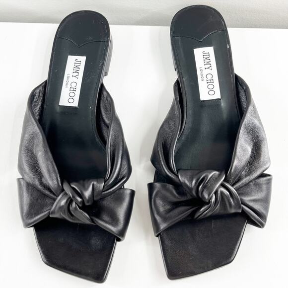 Jimmy Choo Shoes - Jimmy Choo Avenue Leather Flat Slide Knot Sandals Black 38.5